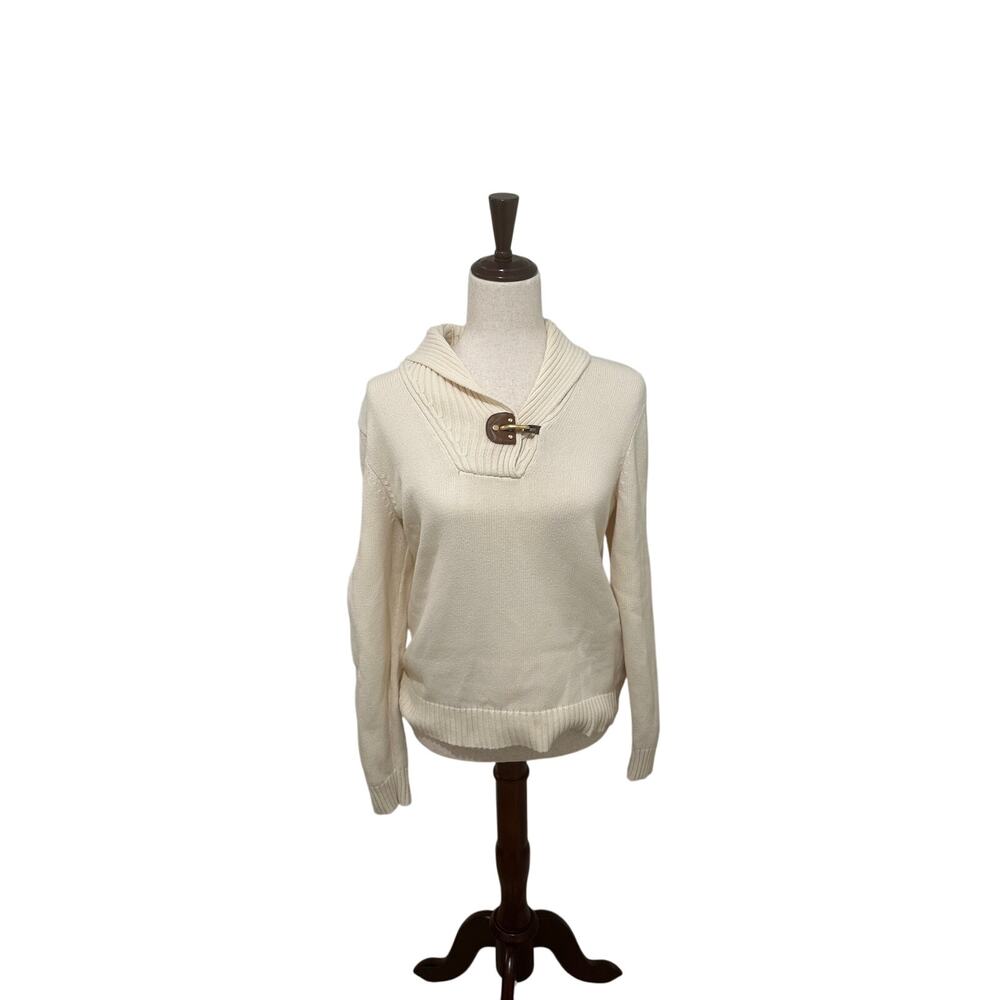 Lauren Ralph Lauren Buckle Shawl Collar Cotton Blend Cream Sweater Size Large